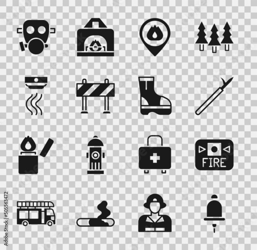Set Ringing alarm bell, Fire system, Metal pike pole, Location with fire flame, Road barrier, Smoke, Gas mask and boots icon. Vector
