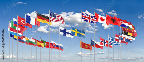 Flags of NATO - North Atlantic Treaty Organization, Sweden, Finland.  - 3D illustration.  Isolated on sky background. photo