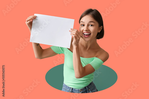 Happy young woman with blan...