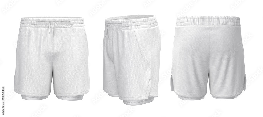 Running Shorts. Shorts template front, back, white colour. Mock-up 3D ...