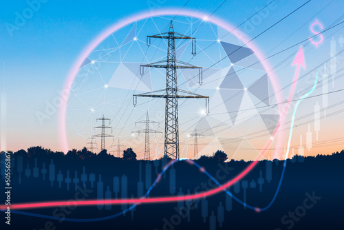 Power lines, stock price charts and ascending arrows with the symbol of the US dollar. Increasing the cost of energy carriers concept