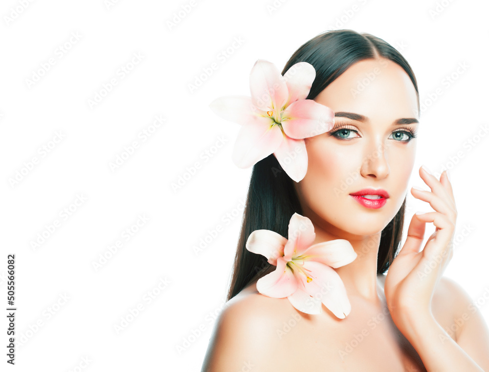 young attractive lady close up with hands on face isolated flower lily brunette spa nude makeup, beauty concept young attractive lady close up with hands on face isolated flower lily brunette spa nude makeup, beauty concept