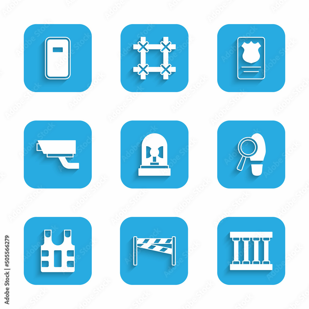 Set Flasher siren, Crime scene, Prison window, Footsteps, Bulletproof vest, Security camera, Police badge with id case and assault shield icon. Vector Set Flasher siren, Crime scene, Prison window, Footsteps, Bulletproof vest, Security camera, Police badge with id case and assault shield icon. Vector