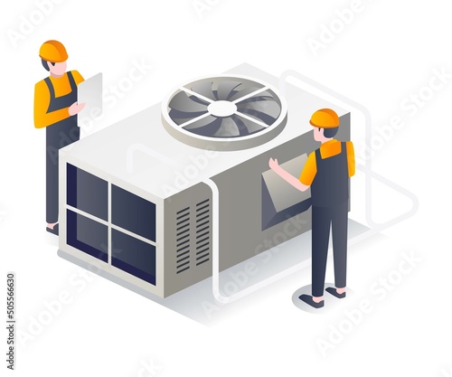 Isometric flat illustration concept. two men maintaining an HVAC cooler