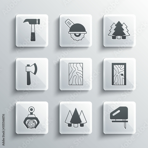 Set Christmas tree  Electric jigsaw  Closed door  Wooden beam  Grapple crane grabbed log  axe  Hammer and icon. Vector