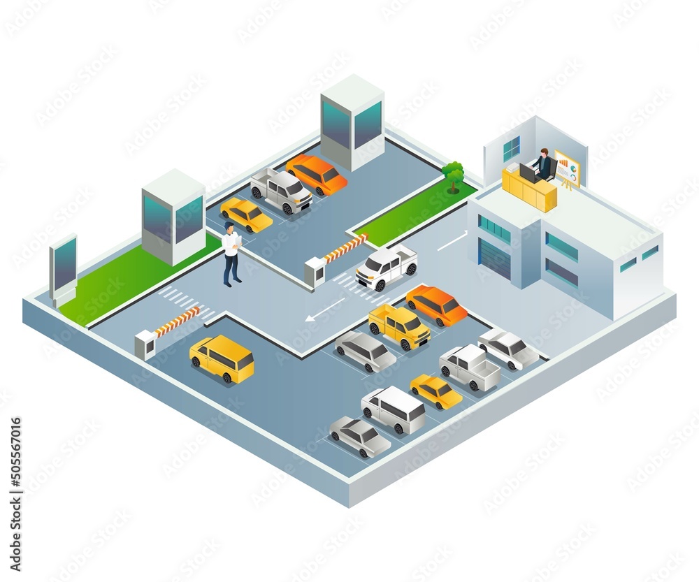 Flat isometric illustration concept. office workers and parking attendants Flat isometric illustration concept. office workers and parking attendants