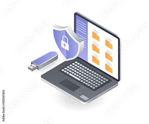 Flat isometric illustration concept. computer folder security anti virus