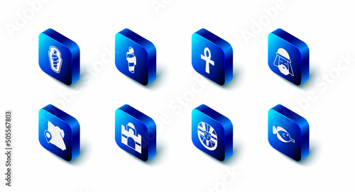 Set Egypt mummy, Cross ankh, Egyptian man, Butterfly fish, pharaoh, house, Map of and in sarcophagus icon. Vector