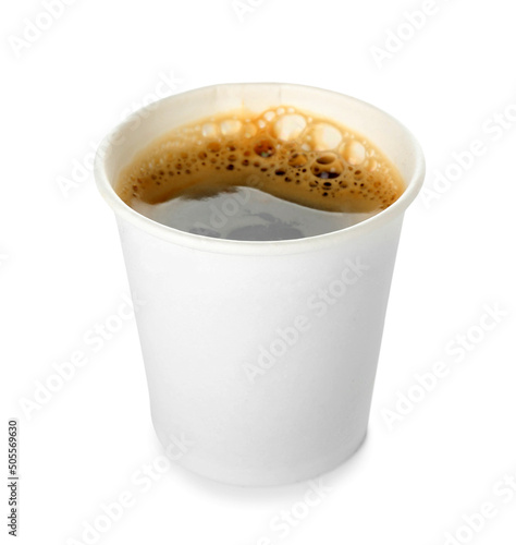Takeaway paper cup of coffee on white background