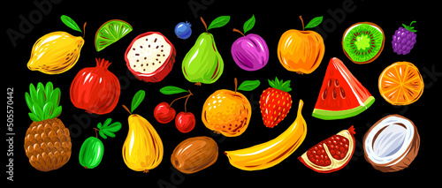 Fruits set in cartoon style. Organic farm food concept. Colorful vector illustration