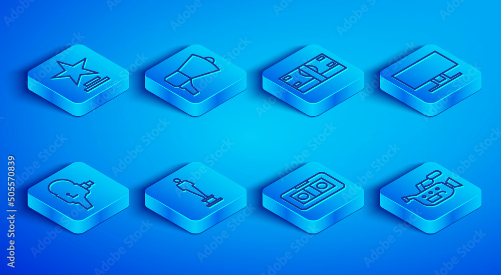 Set line Movie trophy, Megaphone, Stacks paper money cash, VHS video cassette tape, Smart Tv, Retro cinema camera and Cinema icon. Vector Set line Movie trophy, Megaphone, Stacks paper money cash, VHS video cassette tape, Smart Tv, Retro cinema camera and Cinema icon. Vector