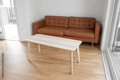 Brown couch and wooden coffee table in living room