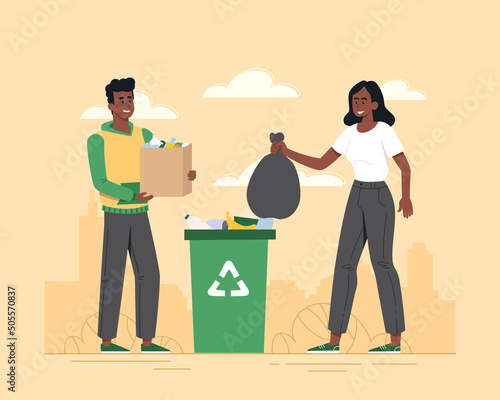 Zero waste concept. Man and girl throw garbage into trash can, responsible society. Protection of nature and reduction of waste, ecology and eco friendly activists. Cartoon flat vector illustration