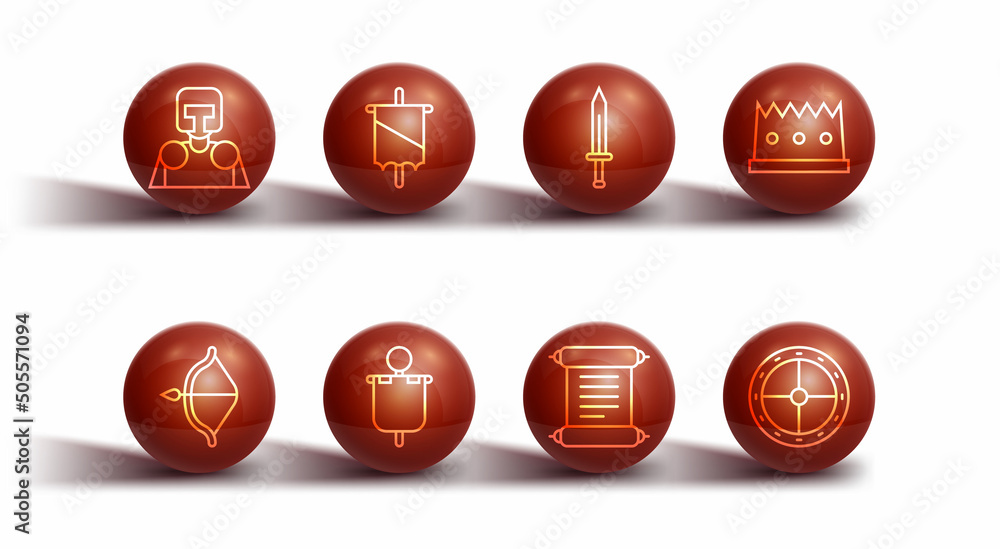 Set line Medieval knight, bow and arrow, King crown, Decree, parchment, scroll, flag, Round wooden shield and sword icon. Vector Set line Medieval knight, bow and arrow, King crown, Decree, parchment, scroll, flag, Round wooden shield and sword icon. Vector