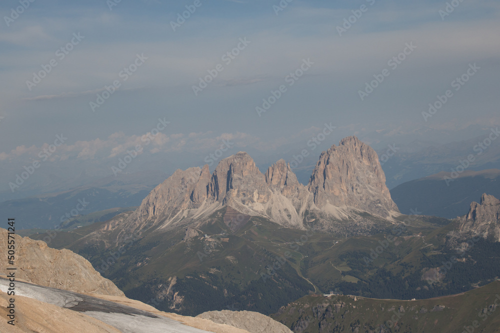 Mountain landscape. View from the top of the Marmolada over the Langkofel-Sassolungo Dolomite Groups, Trentino-Alto Adige, Italy.