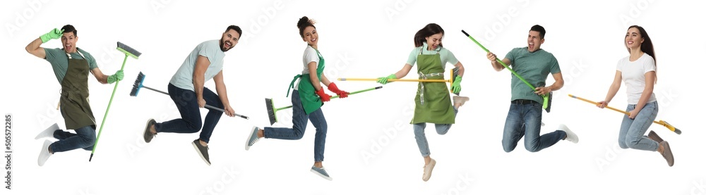 Collage with photos of happy people with brooms on white background. Banner design Collage with photos of happy people with brooms on white background. Banner design