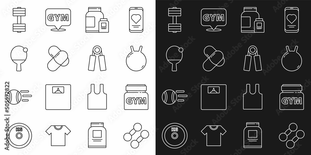 Set line Dumbbell, Sports nutrition, Kettlebell, Racket and ball, and expander icon. Vector