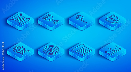 Set line Decree, parchment, scroll, Medieval goblet, axe, Round wooden shield, with sword, Target arrow and King crown icon. Vector