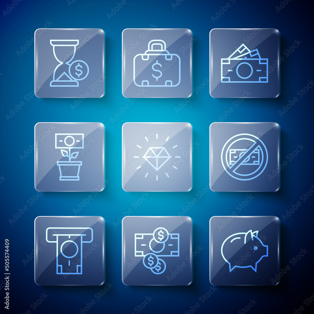 Set line ATM and money, Stacks paper cash, Piggy bank, Diamond, Money plant in the pot, Hourglass with dollar and No icon. Vector Set line ATM and money, Stacks paper cash, Piggy bank, Diamond, Money plant in the pot, Hourglass with dollar and No icon. Vector