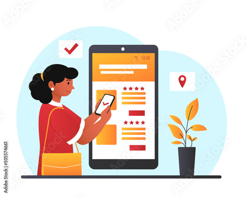 Hotel booking concept. Young girl booked room for herself. Modern and convenient services for travelers. Female tourist takes room in country, rental property. Cartoon flat vector illustration