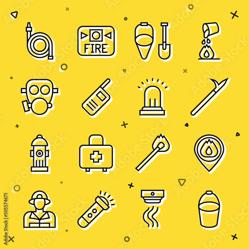 Set line Fire bucket, Location with fire flame, Metal pike pole, shovel and, Walkie talkie, Gas mask, hose reel and Ringing alarm bell icon. Vector