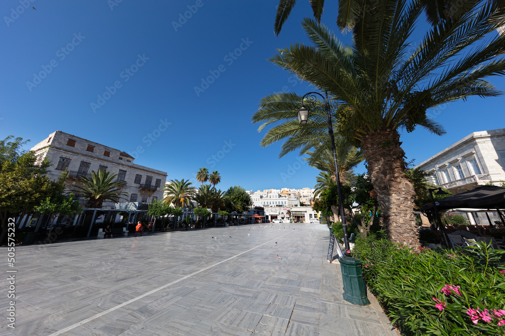 Syros, Greece - Juli 1, 2021: Miaouli square at the island of Syros. One of the islands of the cyclades archipelago in the Aegean Sea. Ermoupoli capital of island group. Wide angle view of the square