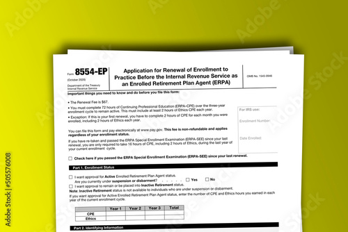 Form 8554-EP documentation published IRS USA 09.30.2020. American tax document on colored