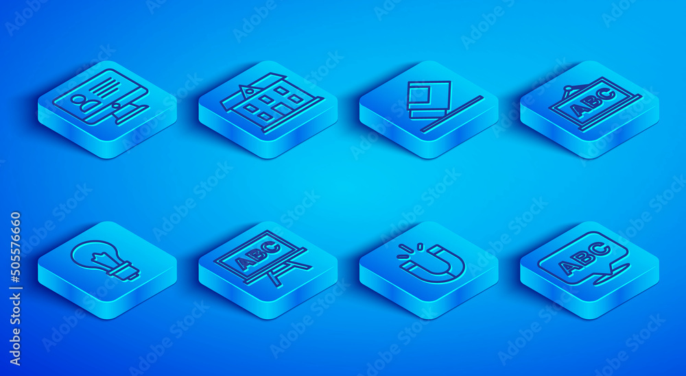 Set line Online class, School building, Eraser or rubber, Chalkboard, Magnet, Light bulb with idea and Alphabet icon. Vector Set line Online class, School building, Eraser or rubber, Chalkboard, Magnet, Light bulb with idea and Alphabet icon. Vector