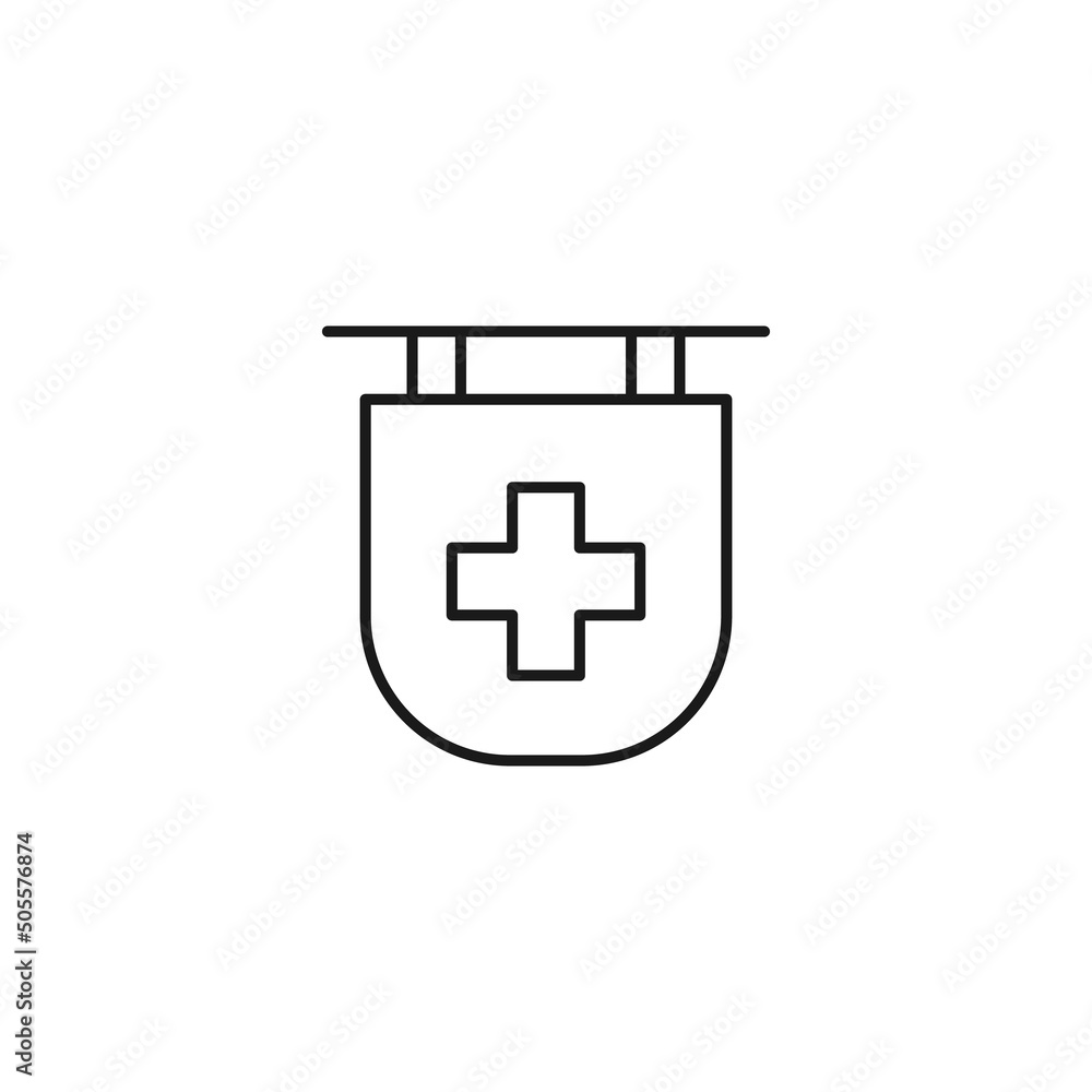 Signboard for shops and stores. Monochrome sign and editable stroke. Suitable for advertisement, books, internet sites, apps. Vector line icon of medical cross on signboard Signboard for shops and stores. Monochrome sign and editable stroke. Suitable for advertisement, books, internet sites, apps. Vector line icon of medical cross on signboard
