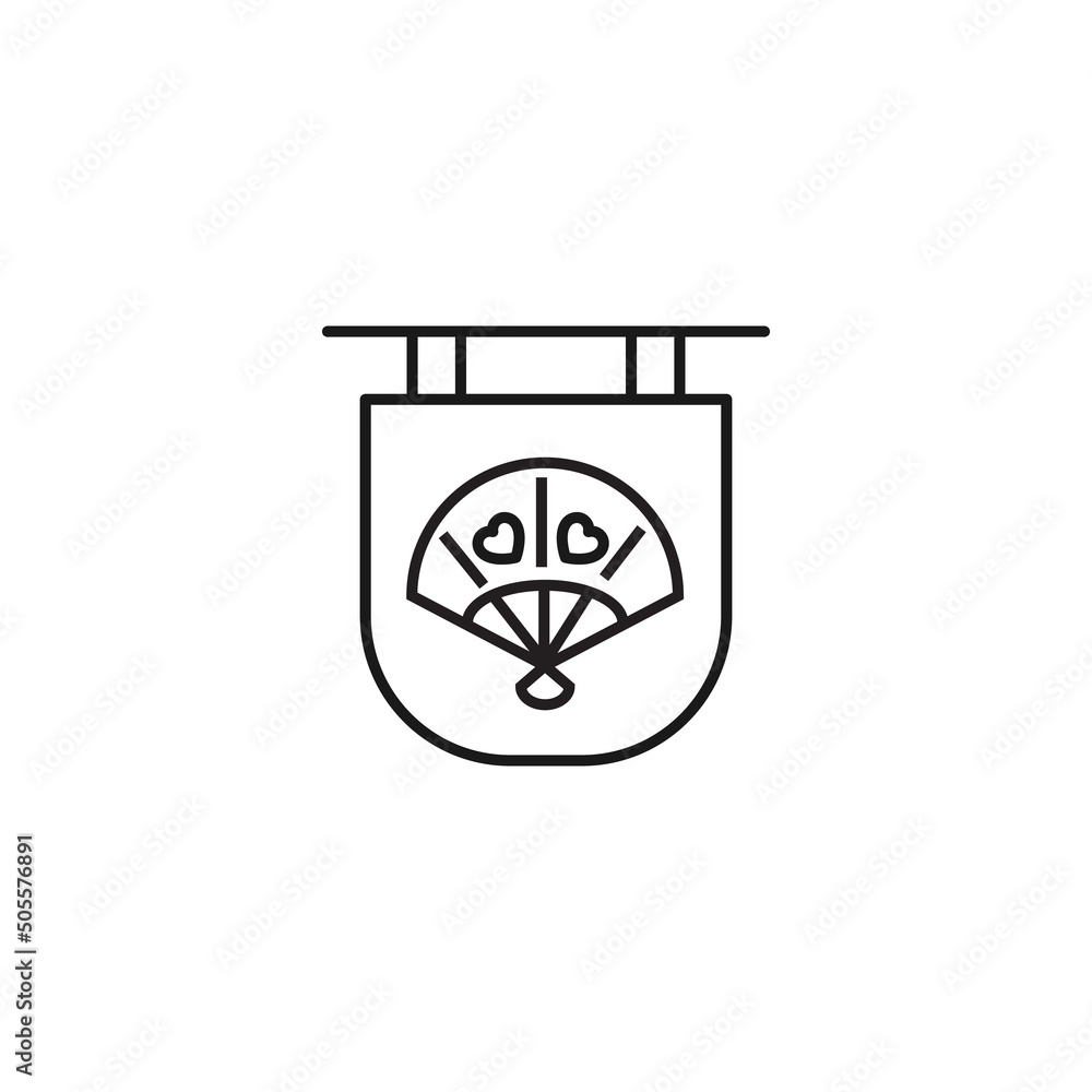 Signboard for shops and stores. Monochrome sign and editable stroke. Suitable for advertisement, books, internet sites, apps. Vector line icon of Japanese fan on signboard Signboard for shops and stores. Monochrome sign and editable stroke. Suitable for advertisement, books, internet sites, apps. Vector line icon of Japanese fan on signboard