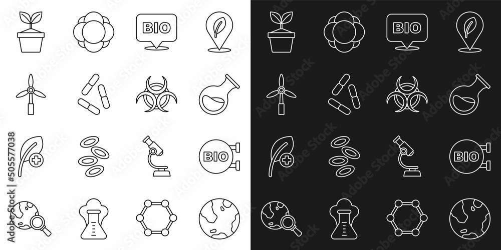 Set line Earth globe, Bio healthy food, Test tube and flask, Virus, Wind turbine, Plant pot and Biohazard symbol icon. Vector Set line Earth globe, Bio healthy food, Test tube and flask, Virus, Wind turbine, Plant pot and Biohazard symbol icon. Vector