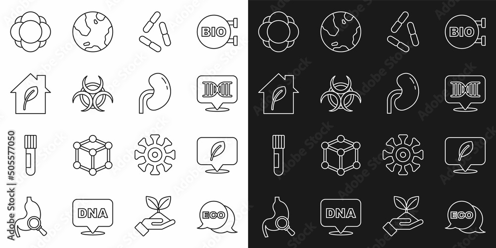 Set line Label for eco healthy food, Location with leaf, DNA symbol, Virus, Biohazard, Eco friendly house, Molecule and Human kidney icon. Vector