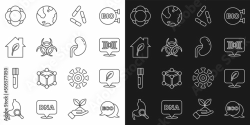 Set line Label for eco healthy food  Location with leaf  DNA symbol  Virus  Biohazard  Eco friendly house  Molecule and Human kidney icon. Vector