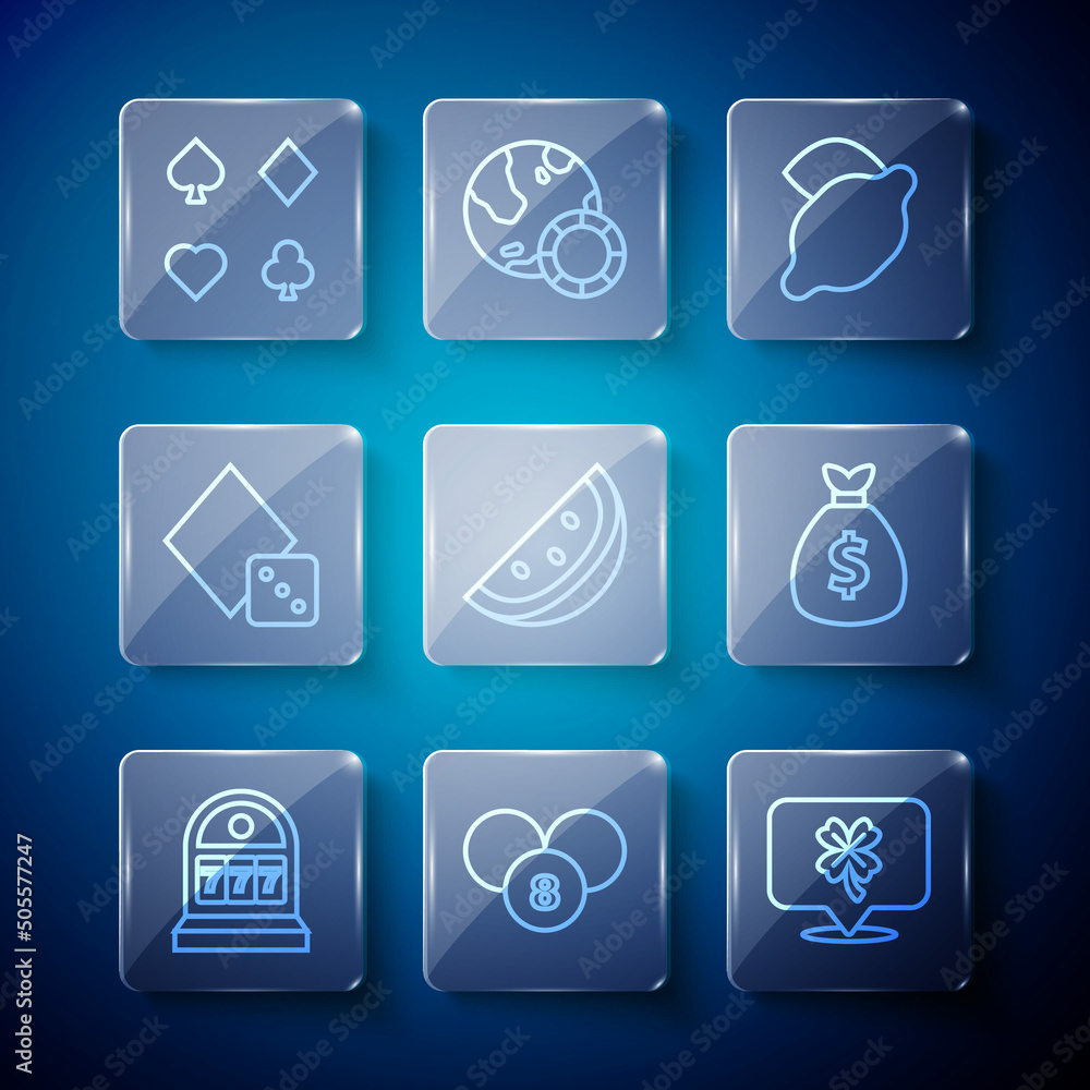 Set line Slot machine with jackpot, Lottery ball on bingo card, Casino slot clover, lemon, watermelon, Game dice, Deck of playing cards and Money bag icon. Vector Set line Slot machine with jackpot, Lottery ball on bingo card, Casino slot clover, lemon, watermelon, Game dice, Deck of playing cards and Money bag icon. Vector