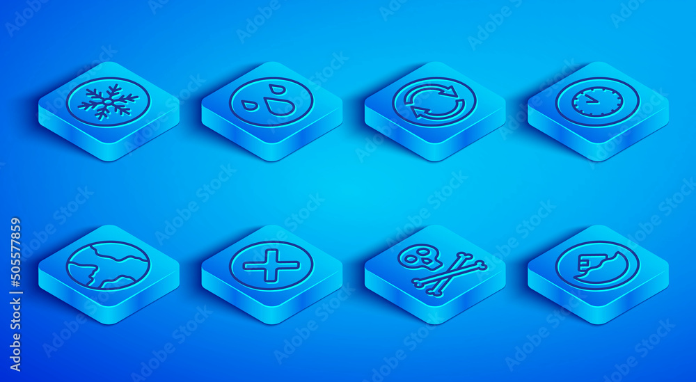 Set line Snowflake, Water drop, Recycle symbol, X Mark, Cross in circle, Bones and skull warning, Clock, Worldwide and Carton cardboard box icon. Vector Set line Snowflake, Water drop, Recycle symbol, X Mark, Cross in circle, Bones and skull warning, Clock, Worldwide and Carton cardboard box icon. Vector