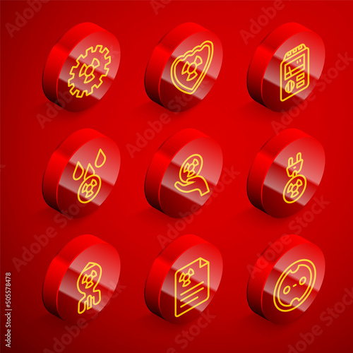 Set line Radioactive, in shield, Dosimeter, Acid rain and radioactive cloud, Radiation electrical plug, Nuclear bomb and warning document icon. Vector