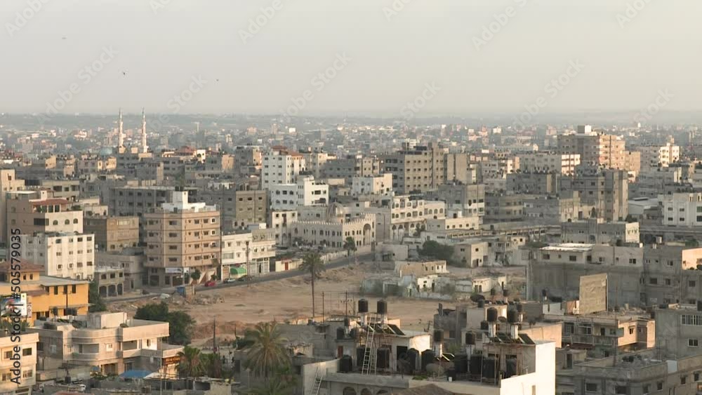 Wide shot of Gaza, densely populated area with spires from a mosque in the background. Wide shot of Gaza, densely populated area with spires from a mosque in the background.