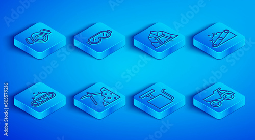 Set line Gas mask, Safety goggle glasses, Mine entrance, Pickaxe, Handle detonator, Conveyor belt carrying coal, and Mining dump truck icon. Vector