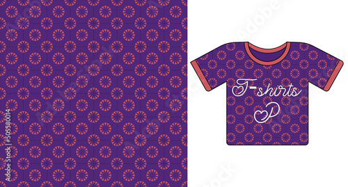 T-shirt top tee fashion flat technical drawing template with purple seamless pattern. Vector illustration