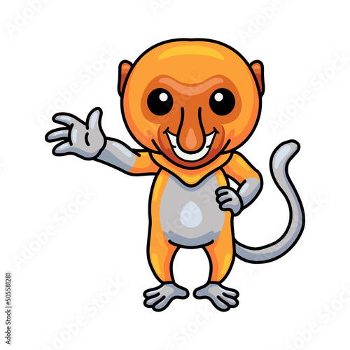 Cute little proboscis monkey cartoon waving hand