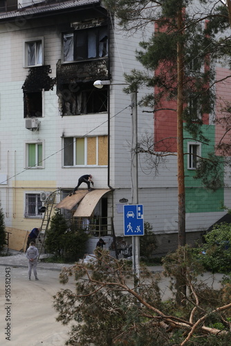 Kiev, Gostomel Ukraine - May 14 2022. Consequences of the destruction by the Russian army in Ukraine. The consequences of the bombing of Ukrainian cities by the Russian army. War in Ukraine. photo