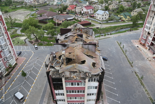 Kiev, Gostomel Ukraine - May 14 2022. Consequences of the destruction by the Russian army in Ukraine. The consequences of the bombing of Ukrainian cities by the Russian army. War in Ukraine. photo