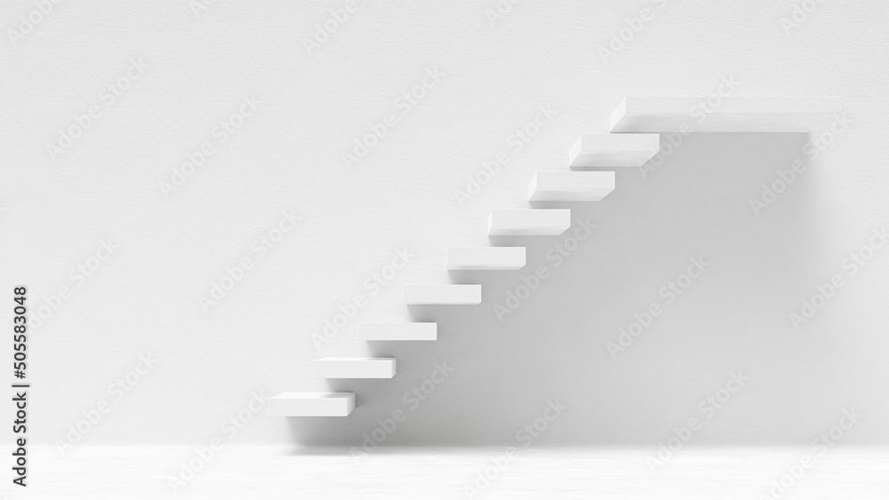Stairs in building. were illuminated from the side, cause high contrast.  white room background and Space for banner and logo. Minimal idea concept, 3D Render.