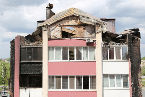 Kiev, Gostomel Ukraine - May 14 2022. Consequences of the destruction by the Russian army in Ukraine. The consequences of the bombing of Ukrainian cities by the Russian army. War in Ukraine. photo