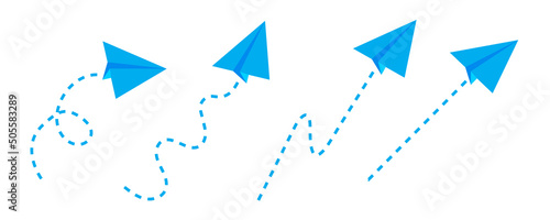 Paper art with blue origami airplanes. Paper plane. Travel concept. Vector illustration. Stock image. 