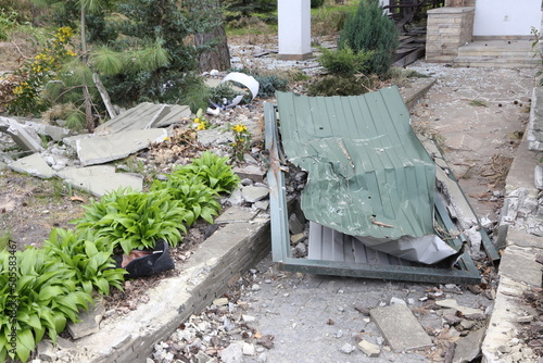 Kiev, Gostomel Ukraine - May 14 2022. Consequences of the destruction by the Russian army in Ukraine. The consequences of the bombing of Ukrainian cities by the Russian army. War in Ukraine. photo