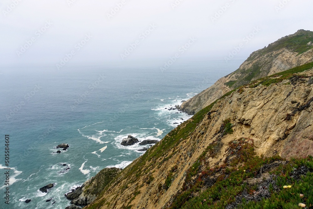 A scenic view of the rugged northern california coastline in Point Reyes National Seashore, with endless views of the pacific ocean and steep cliffs