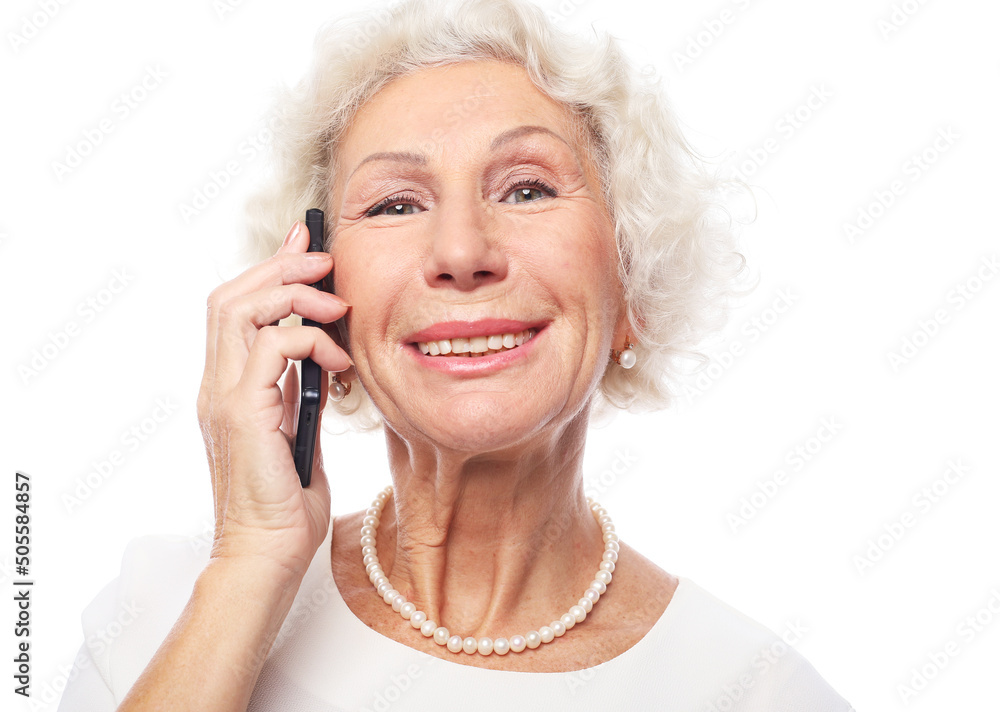 old woman mobile isolated smile old woman mobile isolated smile