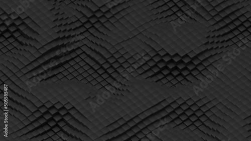 Abstract background with waves made of a lot of black cubes geometry primitive forms that goes up and down under black-white lighting. 3D illustration. 3D CG. High resolution.