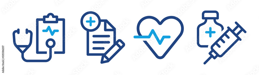 Medical process banner. Set icon of stethoscope, diagnose report, heartbeat pulse and medicine injection vector in outline design. Medical process banner. Set icon of stethoscope, diagnose report, heartbeat pulse and medicine injection vector in outline design.